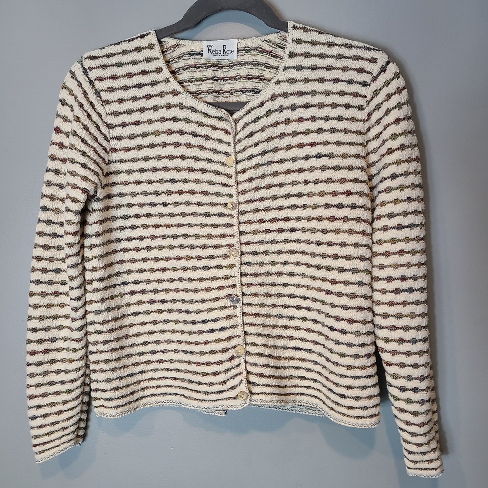 Vintage 90s Reba Rose Women Sweater Cardi Size Large Boxy Preppy Cotton Coastal